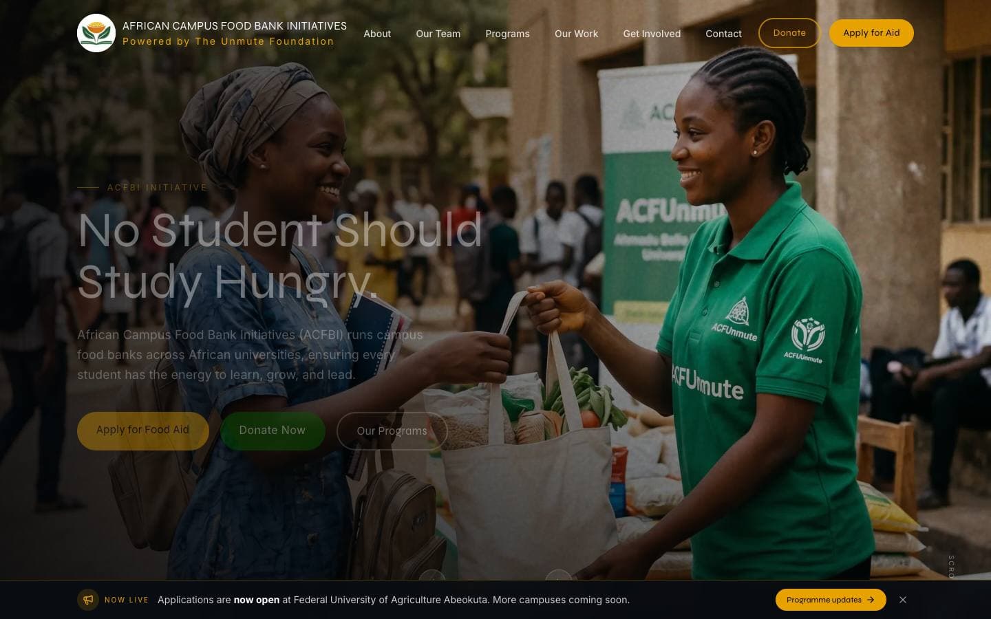 African Campus Food Bank Initiatives website screenshot